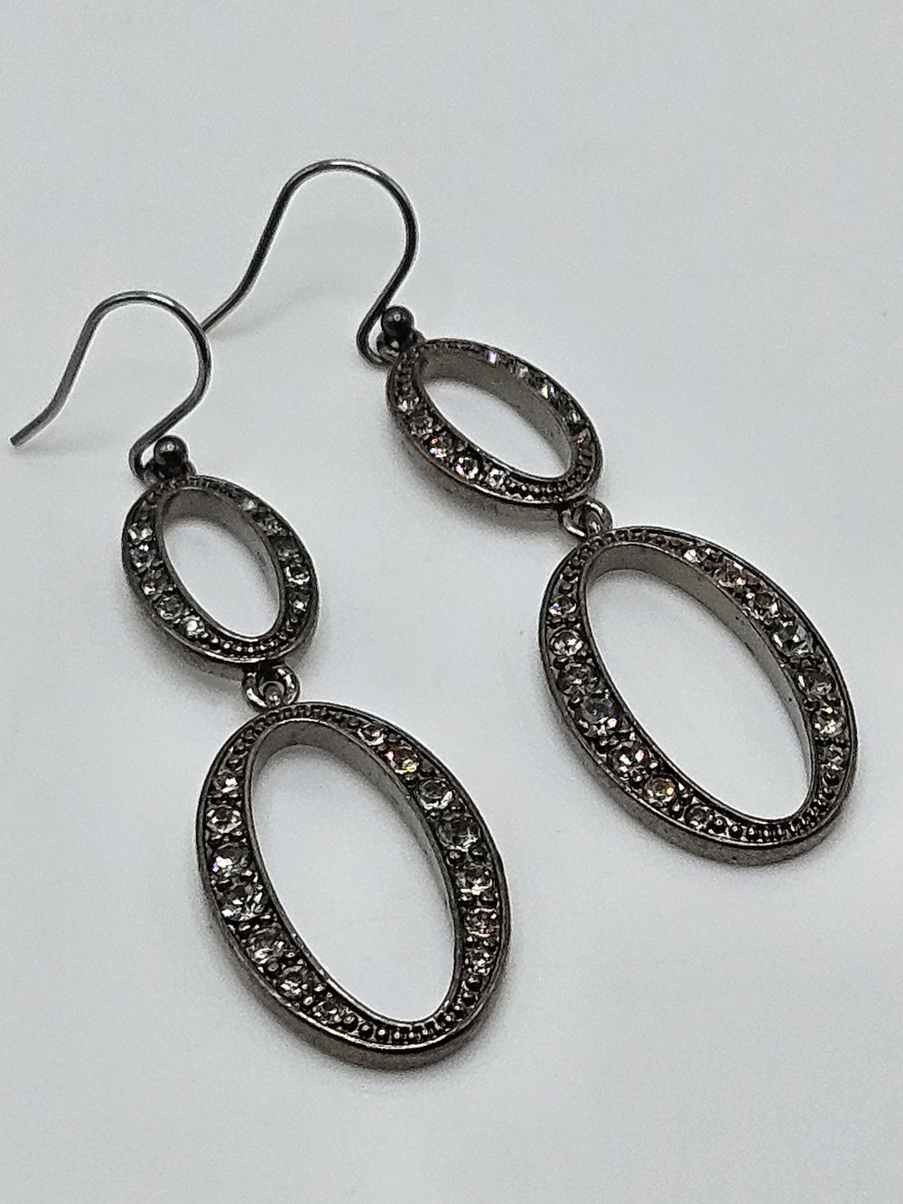 VINTAGE Monet Gunmetal Rhinestone Double Oval Dangle Drop Earrings French Hook